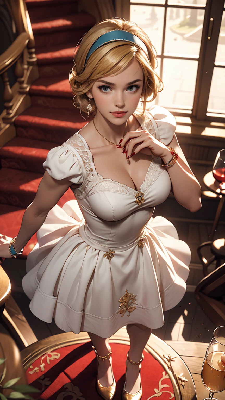 ((最high quality, 8K, masterpiece: 1.3, Ultra HD, high quality, 最high quality, High resolution, realism)) 、A 22-year-old extremely beautiful white woman、Hair color blonde、blue eyeedium Hair、Straight Hair、smile、Slender but well-proportioned body、Background blur((depth of field))、Aerial perspective((atmospheric perspective))、I want my head to stay off screen、Put an anklet on your ankle、Wearing red nail polish、I have a peticure、Cinderella、A luxurious bouffant dress((bouffant dress))Wear、Wearing one glass high heel、Headband((hairband))Attaching、Tie a scrunchie around your wrist、Dropping a glass high heel on the red carpeted stairs of a castle