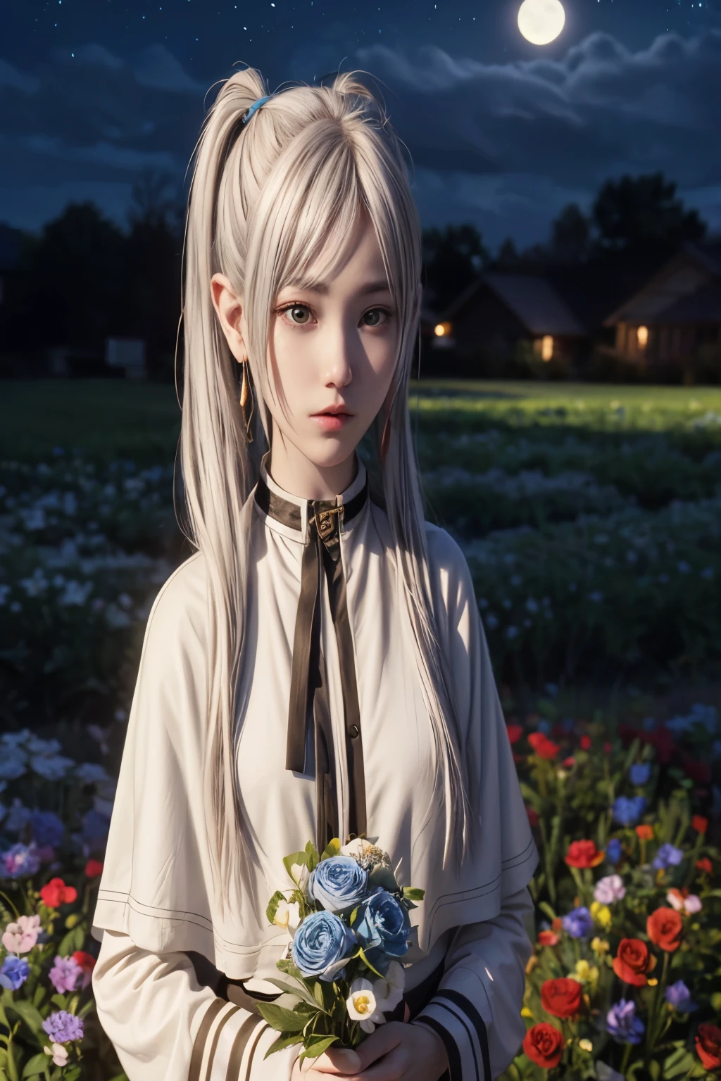 (night:1.4),(masterpiece:1.2),最high quality,high quality,original,Highly detailed wallpaper,Perfect lighting,(Highly detailed CG:1.2),(From above:1.1),(Turn your back:1.1),(close:1.2),(Pointing hand:1.2),From the side,full moon,
(Hand holding a blue flower:1.2),Expressionless,Outdoor,flower,(blue flower:1.5),flower field,(holding flower bouquet in hand:1.1),flowerの背景,Depth Field,flower bouquet,
One girl,alone,Fairy,Gray Hair,Grey Hair,Earrings,Pointed Ears,Long Hair,ponytail,Green Eyes,Twin tails,parted bangs,Thick eyebrows,Striped shirt,Capelet with collar,White capelet,Long sleeve,Striped,