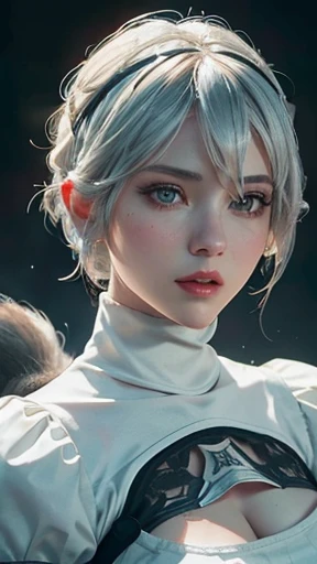 (Hyper realistic super detailed, masterpiece, top quality, best quality, official art, beautiful and aesthetic:1.2, ), ultra high res,(photorealistic:1.4), extreme detailed,colorful,highest detailed, official art, unity 8k wallpaper, ultra detailed, 1girl, (magic cirlce:1.2), Detailed face, breasts, cleavage, cleavage cutout, dress cutout, green background, hair between eyes, headband, high resolution, juliet sleeves, long sleeves, nier (series), (nier automata, 2b), fluffy sleeves, red lips, shadow face, short hair, solo, beautiful, masterpiece, best quality, turtleneck sweater, upper body, l blue hair, sky, white fox ears, white fox tail, nine-tailed fox, cinematic lighting