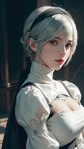 (Hyper realistic super detailed, masterpiece, top quality, best quality, official art, beautiful and aesthetic:1.2, ), ultra high res,(photorealistic:1.4), extreme detailed,colorful,highest detailed, official art, unity 8k wallpaper, ultra detailed, 1girl, (magic cirlce:1.2), Detailed face, breasts, cleavage, cleavage cutout, dress cutout, green background, hair between eyes, headband, high resolution, juliet sleeves, long sleeves, nier (series), (nier automata, 2b), fluffy sleeves, red lips, shadow face, short hair, solo, beautiful, masterpiece, best quality, turtleneck sweater, upper body, l blue hair, sky, white fox ears, white fox tail, nine-tailed fox, cinematic lighting