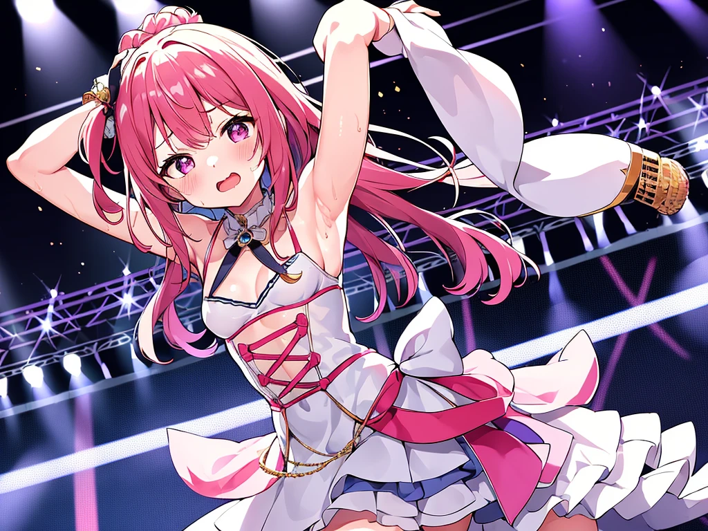 Cute girl with skirt belly punch in the corner of the ring,((masterpiece)),long hair,beautiful white skin、 ((charming))、happy smile、perfect proportions、(((Kickboxing)))、(((Mixed wrestling))), cute woman, baby face, BREAK source_anime, high detail, looking at viewer,POV, large chest, best quality, highly detailed, young face, white background,Droopy eyes,relaxed face,she attacks,frilly skirt,heart hair ornament,twintale hair, best quality, 1girl, solo, nice hands, perfect hands,