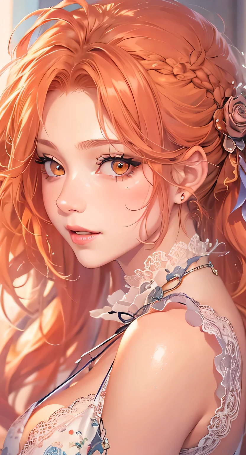 ((highest quality)), ((masterpiece)), (Get used to it), Perfect Face , masterpiece、highest quality、High resolution、High-quality images、8k, 1 female、Skin Radiance、Texture of skin and clothing、Expression of fine eyes、Shiny orange hair,Girl with long braided hair, Manga inspired by Lee Jong-suk, Trending on deviantart, realism, detailed manga style, Manga art style, Perfect Line Drawing, Beautiful line art, digital manga art girl, K-POPアイドル, beautiful orange eyes, Lips become thicker, Gorgeous face with attention to detail, (Cute Smile), charm, Innocent, Side view, (Perfectly detailed face), (Beautiful Hands) Photorealistic images, Written boundary depth, 20th Generation ,beautiful girl , orange rose , Lace dress , Medium Chest , protruding shoulders , I can see her cleavage , orange rose , There are many orange roses in the background ,