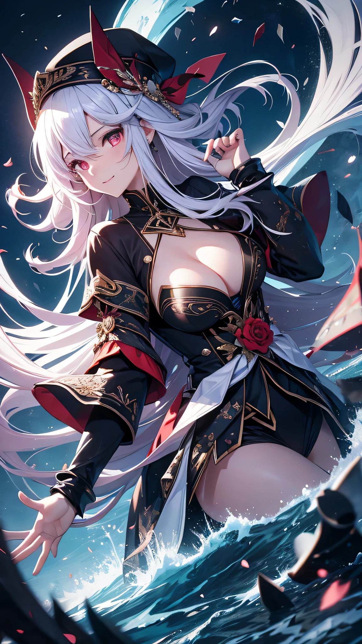 最high quality、Best image quality、masterpiece、girl((20-year-old、 By becoming、Best Bust、Medium Bust,Wide open breast tea、red glowing eyes,Silver Hair、Disheveled Hair、Long Hair、thin,The highest valley、Open chest、White wristband、smile、hair ornaments、Sports Cap、Many accessories、Ninja Style、Fighting Pose)),high quality、Beautiful art、background((Dark world))、Flight、Flying debris、Written boundary depth、movie、Visual Arts、Perfect art、8K,Genuine、