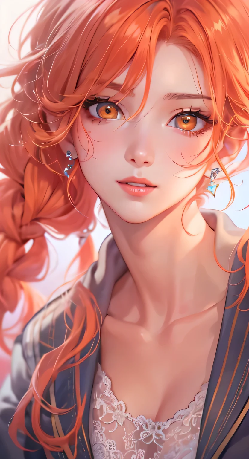 ((highest quality)), ((masterpiece)), (Get used to it), Perfect Face , masterpiece、highest quality、High resolution、High-quality images、8k, 1 female、Skin Radiance、Texture of skin and clothing、Expression of fine eyes、Shiny orange hair,Girl with long braided hair, Manga inspired by Lee Jong-suk, Trending on deviantart, realism, detailed manga style, Manga art style, Perfect Line Drawing, Beautiful line art, digital manga art girl, K-POPアイドル, beautiful orange eyes, Lips become thicker, Gorgeous face with attention to detail, (Cute Smile), charm, Innocent, Side view, (Perfectly detailed face), (Beautiful Hands) Photorealistic images, Written boundary depth, 20th Generation ,beautiful girl , orange rose , Lace dress , Medium Chest , protruding shoulders , I can see her cleavage , orange rose , There are many orange roses in the background ,
