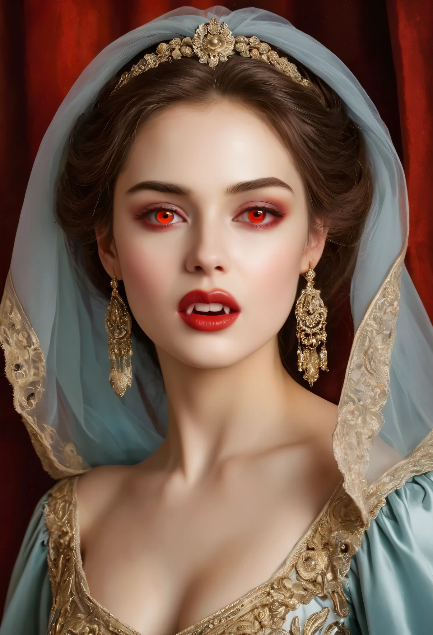 (High resolution,masterpiece:1.2),(Realistic:1.37)Portrait of an 18th century Russian vampire girl of unparalleled beauty. She has captivating red eyes and delicate rosy lips. Long fangs, The portrait is carefully drawn down to the smallest detail., Capture the subtle nuances of her features. She is wearing a beautiful silk gown, Adorned with intricate lace and delicate embroidery. This painting speaks of the luxury of the time., Luxurious velvet curtains and gold furniture in the background. The lighting is soft and diffused, Highlight the girl&#39;s graceful beauty. the colors are vivid and rich, Create compelling visual experiences. This portrait is painted in the classical portrait style., Reminiscent of the works of famous artists of the time. It exudes elegance, Grace, Sophistication. sharp long claws, (Crimson eyes:1.4), Flame-red eyes, (Sharp fangs visible through the gap between his lips:1.8), There is a bite mark on the neck.２There are two holes