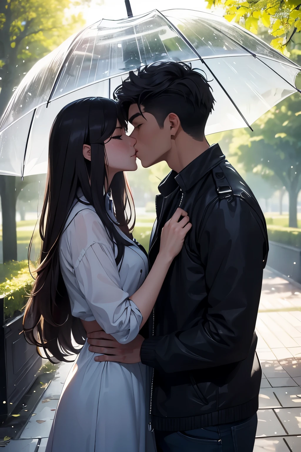 A guy and a girl are standing under the same umbrella, they are kissing, they are in a beautiful park, it is raining, cute, beautiful, close-up