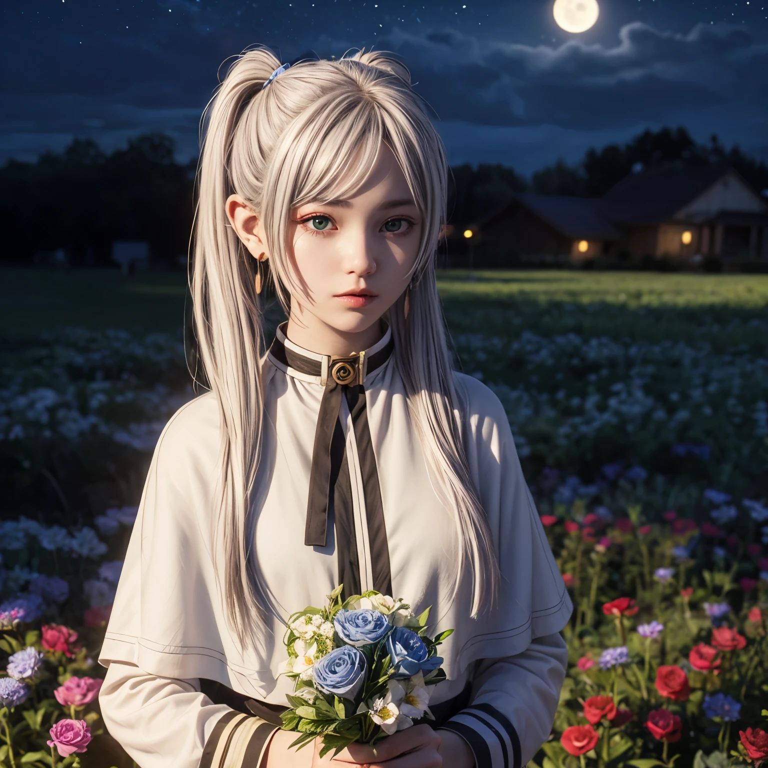 (night:1.4),(masterpiece:1.2),最high quality,high quality,original,Highly detailed wallpaper,Perfect lighting,(Highly detailed CG:1.2),(From above:1.1),(Turn your back:1.1),(close:1.2),(Pointing hand:1.2),From the side,full moon,
(Hand holding a blue flower:1.2),Expressionless,Outdoor,flower,(blue flower:1.5),flower field,(holding flower bouquet in hand:1.1),flowerの背景,Depth Field,flower bouquet,
One girl,alone,Fairy,Gray Hair,Grey Hair,Earrings,Pointed Ears,Long Hair,ponytail,Green Eyes,Twin tails,parted bangs,Thick eyebrows,Striped shirt,Capelet with collar,White capelet,Long sleeve,Striped,
