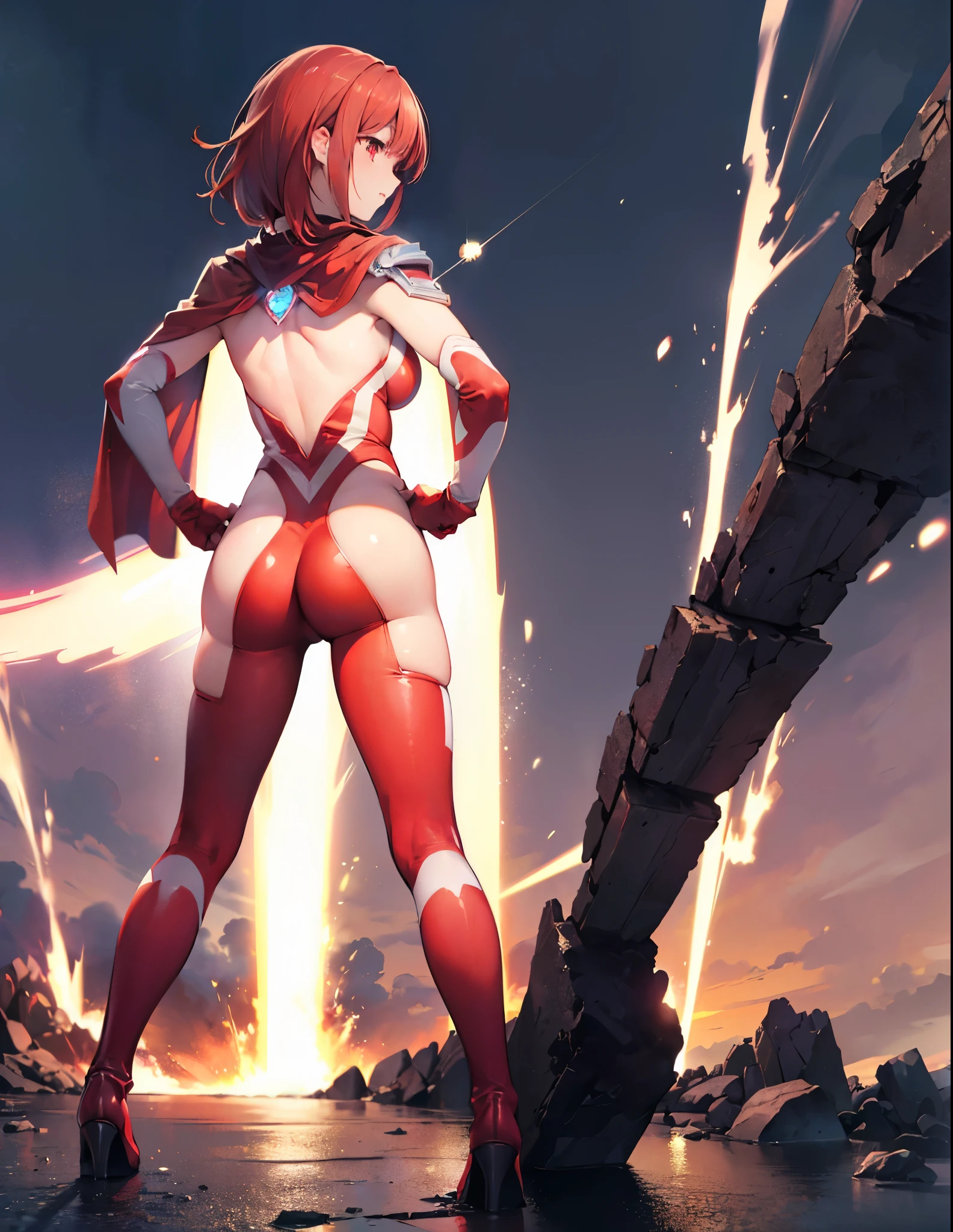 Realistic,highest quality, Ultra Detail, High-quality CG rendering, The most delicate and beautiful, Floating softly, High resolution, (1 girl), (Highest quality,4K,8K,masterpiece:1.2),(All red hair:1.5), (Medium Hair:1.5),(Red eyes:1.5), (Ultra Girl:1.0), (Red Ultraman bodysuit:1.4),(Slightly larger breasts:1.5),Upper Body,(Clenched Fist:1.2),(Place your hands on your hips:1.2), Red gloves,Red Shoes,(Red Cape:1.3), (Turn your back to your audience:1.3)