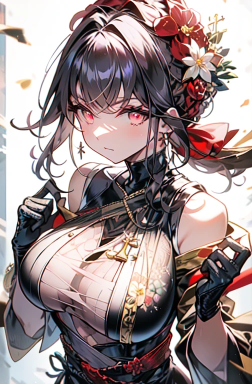 yor briar, anime style beutiful woman, 1girl, happy, smile, red face, closed mouth, beautiful detailed eyes, super detailed skin, backlighting, bare shoulders, black background, black dress, black gloves, black hair, breasts, dress, earrings, fingerless gloves, floating hair, floral print, flower, gloves, gold earrings, gold hairband, hair flower, hair ornament, hairband, holding, holding weapon, jewelry, large breasts, long hair, looking at viewer, off-shoulder dress, off shoulder,red eyes, short hair with long locks, sidelocks, solo, spikes, thighs, two-sided dress, two-sided fabric, weapon, fighting stance , face, close up, from above, highest quality, high resolution.
