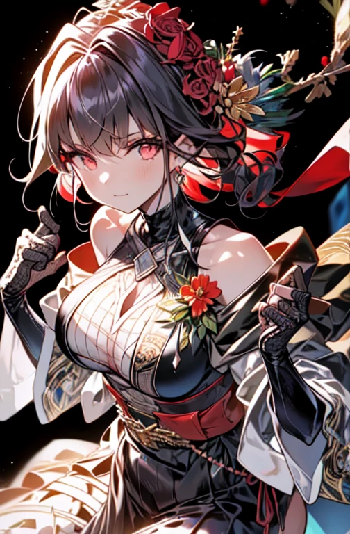 yor briar, anime style beutiful woman, 1girl, happy, smile, red face, closed mouth, beautiful detailed eyes, super detailed skin, backlighting, bare shoulders, black background, black dress, black gloves, black hair, breasts, dress, earrings, fingerless gloves, floating hair, floral print, flower, gloves, gold earrings, gold hairband, hair flower, hair ornament, hairband, holding, holding weapon, jewelry, large breasts, long hair, looking at viewer, off-shoulder dress, off shoulder,red eyes, short hair with long locks, sidelocks, solo, spikes, thighs, two-sided dress, two-sided fabric, weapon, fighting stance , face, close up, from above, highest quality, high resolution.