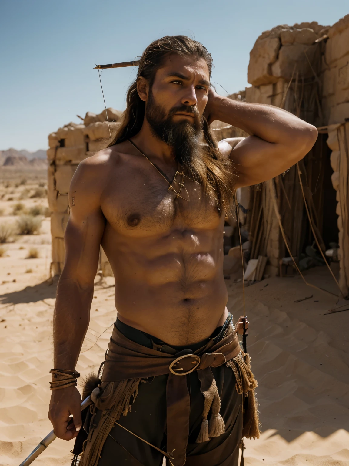 (best quality,realistic:1.2),Lameque,biblical bow and arrow,realistic depiction,archer,long hair,braided beard,detailed facial features,weathered skin,muscular build,fringed clothing,ancient civilization,desert landscape,dusty atmosphere,dramatic lighting,harsh sunlight,high contrast,vivid colors,dynamic pose,in mid-action,concentration,arrow notched on bow,string pulled back,tense muscles,strength and precision,authentic historical representation,symbol of power and skill