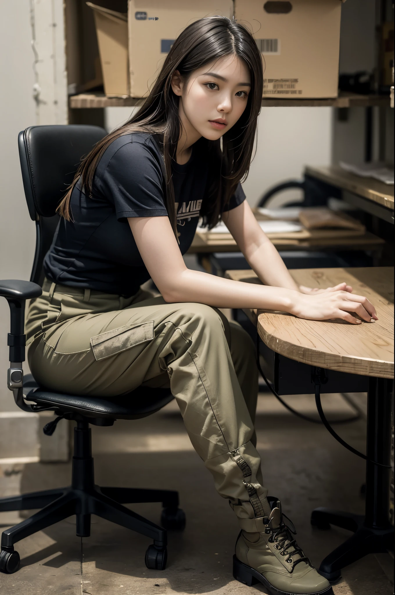 8K, realistic photo, realistic skin texture, beautiful Japanese American female US Army soldier, simple warehouse, sitting on a simple chair and maintaining an automatic rifle, maintenance, Automatic rifles do not have magazines installed.Automatic rifle parts on the table、military pants, boots, tattoos, T-shirt, toned body