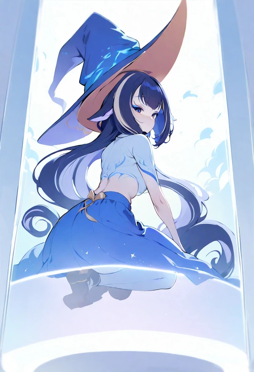 (shylily/(Twich/):1.5),(masterpiece:1.2),(best quality:1.2),, (1girl:1.3),white backgrounid, blue skirts,, (Kneeling), (Kneeling on white glass surface), (at the lowest limit, Tiny), (white backgrounid), (Witch hat), curlies, looking at viewert, in a panoramic view, Faraway view, ink wash style