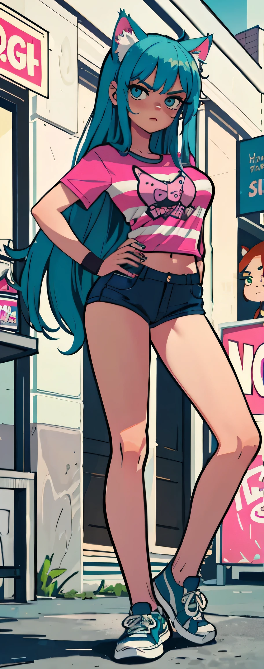 Masterpiece, best quality, high resolution, 1 woman, Long blue hair with pink stripes, smooth, green eyes, Bored face , cat ears , pink t-shirt , black bikini , abdomen, big breasts , Long legs , stand on your hips , canvas shoes , convenience store