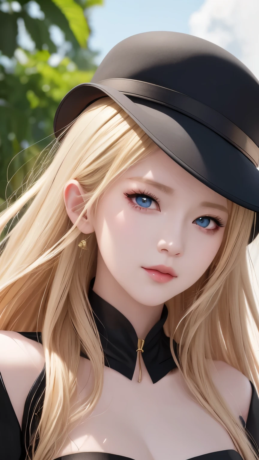 Blonde、girl in black hat, Realistic anime 3D 风格, Realistic anime art style, Realistic anime, Realistic anime girl render, Artwork in the style of Guweiz, Surrealist anime, Realistic young anime girl, Beautiful anime portrait, Anime realism style, anime style. 8k, Detailed portrait of anime girl, Smooth anime CG art