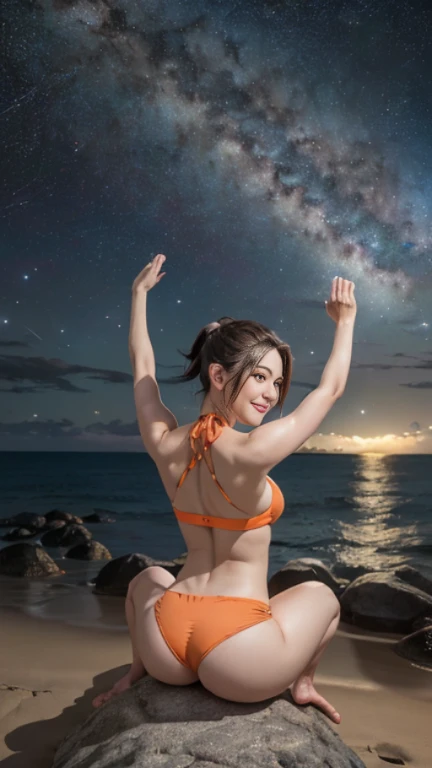 Tabletop, (highest quality), 23 years old,Very detailed, finely, (High resolution), (8k), ((Perfect rear view composition)), Natural color lip,(ponytail:1.3),((A girl sits with her legs spread apart on a rock)),(sitting barefoot on the sand:1.3),(Light Orange Bikini)),((Fitness Shorts Light Blue),((whole body:1.3),,((shrapnel:1.3)),((Perfect rear view:1.3)),((The magnificent Milky Way floating in the night sky)),((Pose with your arms raised above your head)),(look back and smile),((Thigh ribbon)),((Big Ass)),((Ample breasts)),(Full and firm breasts),(Small Pareo),