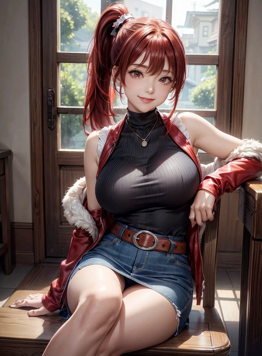 Beautiful Features、Japanese、Red hair、((Side Ponytail、Hanging eyes:1.2))、Shiny and smooth hair, Thick bangs、(Bright smile:1.2), ((Image Processing Algorithms：1.2))、Highly detailed eyes, highest quality, Ultra HD, HDR, Beautiful and vivid illustrations、High Contrast、Tonal correction、Ultra-realistic oily and glossy skin, Super fine, High resolution CG Unity 8k wallpaper, Raw photo, Accurate Fingers, Anatomically correct,Exposing the belly、Attractive thighs、Sleeveless jacket、Open jacket、Denim pencil skirt、Belt on waist、Knee-high boots、Leather Gloves、Sit on a chair、((Glance at the breasts)), 