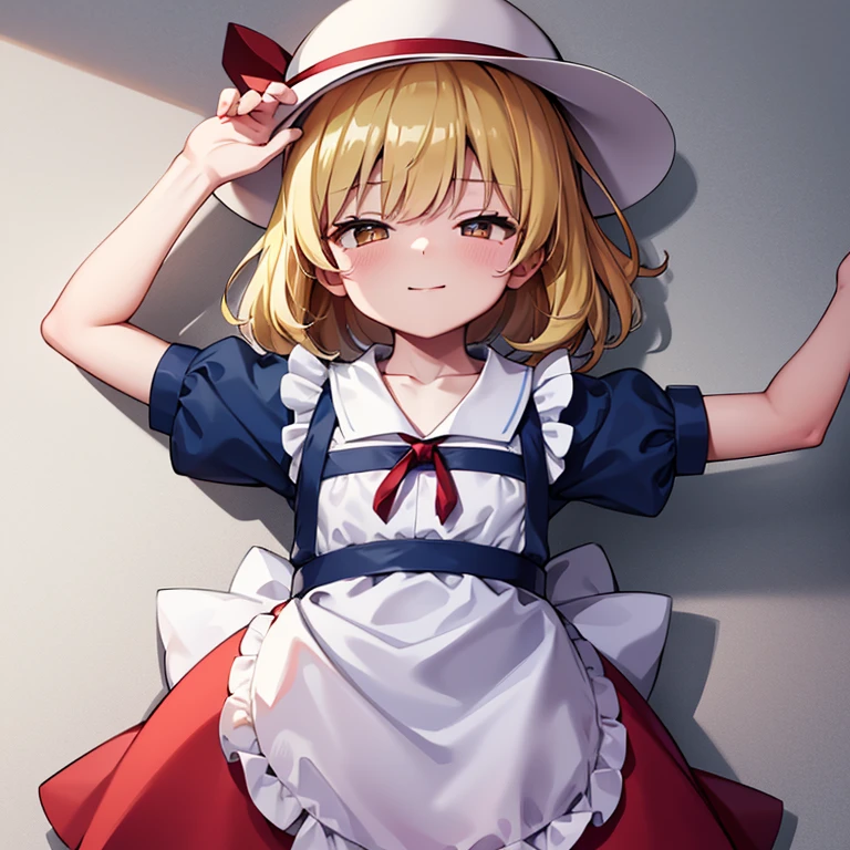 masterpiece, best quality, 1 girl, , , 12 years old, white hat, red ribbon, middle blonde hair, golden eyes, short puffy sleeves, white clothes, white apron, red ribbon tie, blue skirt, blue ruffles, collarbone, gentle smile, Kana Anaberal, Poltergeist, pinafore, from behind, to lift up one’s skirt, cowboy shot, from front, standing , raise one leg, crossed arms, arms up behind, arms behind back, hand between legs, put hands hip, one hand on hip, forward hands, arms raised in the air, punch hands, peace_sign, waving, put up index finger, sit, lie down, closed eyes, lie face down, looking back, put one hand chest, leaning forward,cleavage,close up, horizontally outstretched arms, horizontally outstretched legs, front view, front face