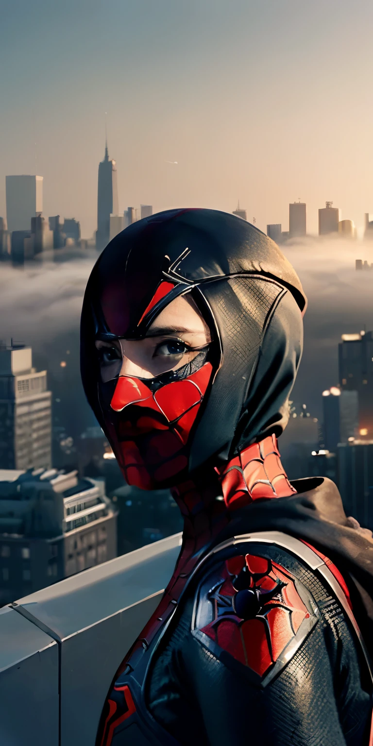 (1girl:1.3), Solo, (((Very detailed face)))), ((Very detailed eyes and face)))), Beautiful detail eyes, Body parts__, Official art, Unified 8k wallpaper, Super detailed, beautiful and beautiful, beautiful, masterpiece, best quality, original, masterpiece, super fine photo, best quality, super high resolution, realistic realism, sunlight, full body portrait, amazing beauty, dynamic pose, delicate face, vibrant eyes, (from the front), She wears Spider-Man suit, red and black color scheme, spider, very detailed city roof background, rooftop, overlooking the city, detailed face, detailed complex busy background, messy, gorgeous, milky white, highly detailed skin, realistic skin details, visible pores, clear focus, volumetric fog, 8k uhd, DSLR, high quality, film grain, fair skin, photo realism, lomography, futuristic dystopian megalopolis, translucent
