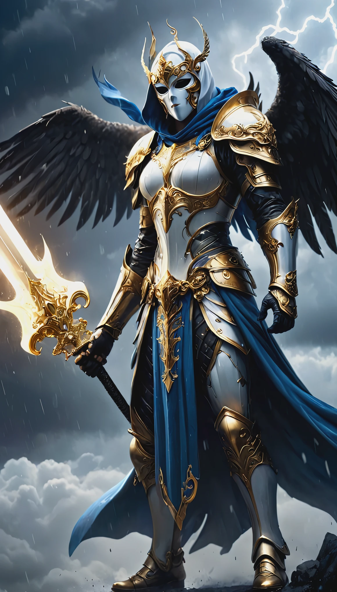 A stunning, highly detailed dark fantasy full body illustration of a proud angelical warrior wearing intricate medieval white HKStyle armor and an epic white ornamented mask, holding a great golden glowing sword, golden and blue glooming eyes, very wide shoulders, wearing big gauntlets, epic composition. The warrior stands heroic with a flowing cloak and white hood during a storm with foggy gloom, thunderclouds in the background . The scene depicts him with brooding emotional agony , style by Greg Rutkowski, by Milo Manara and Russ Mills, with insanely intricate details and textures, gloomy dramatic lighting, 8K resolution