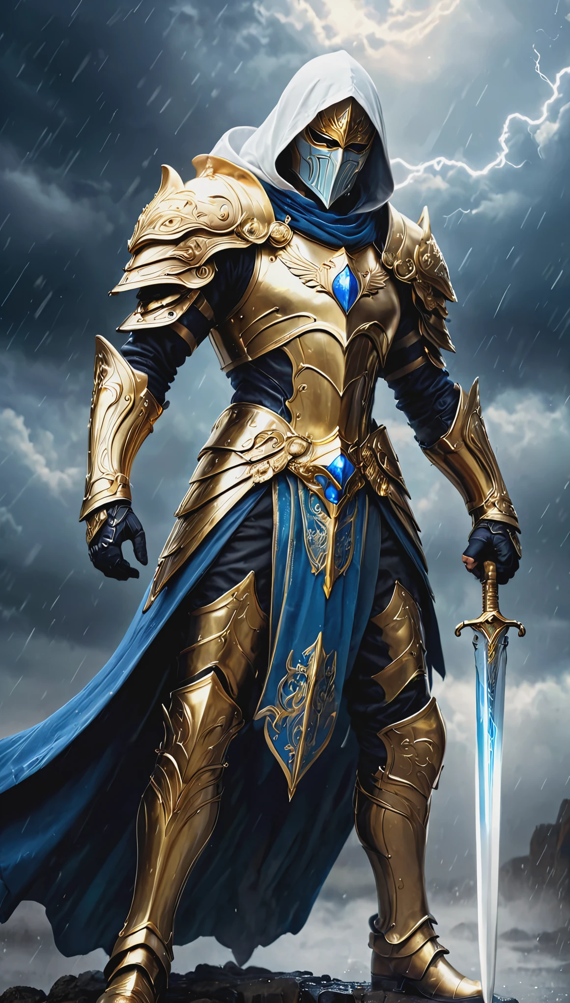 A stunning, highly detailed dark fantasy full body illustration of a proud angelical warrior wearing intricate medieval white HKStyle armor and an epic white ornamented mask, holding a great golden glowing sword, golden and blue glooming eyes, very wide shoulders, wearing big gauntlets, epic composition. The warrior stands heroic with a flowing cloak and white hood during a storm with foggy gloom, thunderclouds in the background . The scene depicts him with brooding emotional agony , style by Greg Rutkowski, by Milo Manara and Russ Mills, with insanely intricate details and textures, gloomy dramatic lighting, 8K resolution