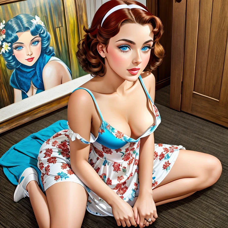 A sensual Rachel Cook, kneeling in front of me. View from above. Downshirt. White panties. (((wearing a loose fitting, short, red, floral sundress))), medium breasts, cleavage. Sideboobs. ((White running shoes, no socks)). (((Bright blue eyes))). ((Pov blowjob)). Pin-up painting from the '50s, in the art style of Alberto Vargas,, award-winning, masterpiece