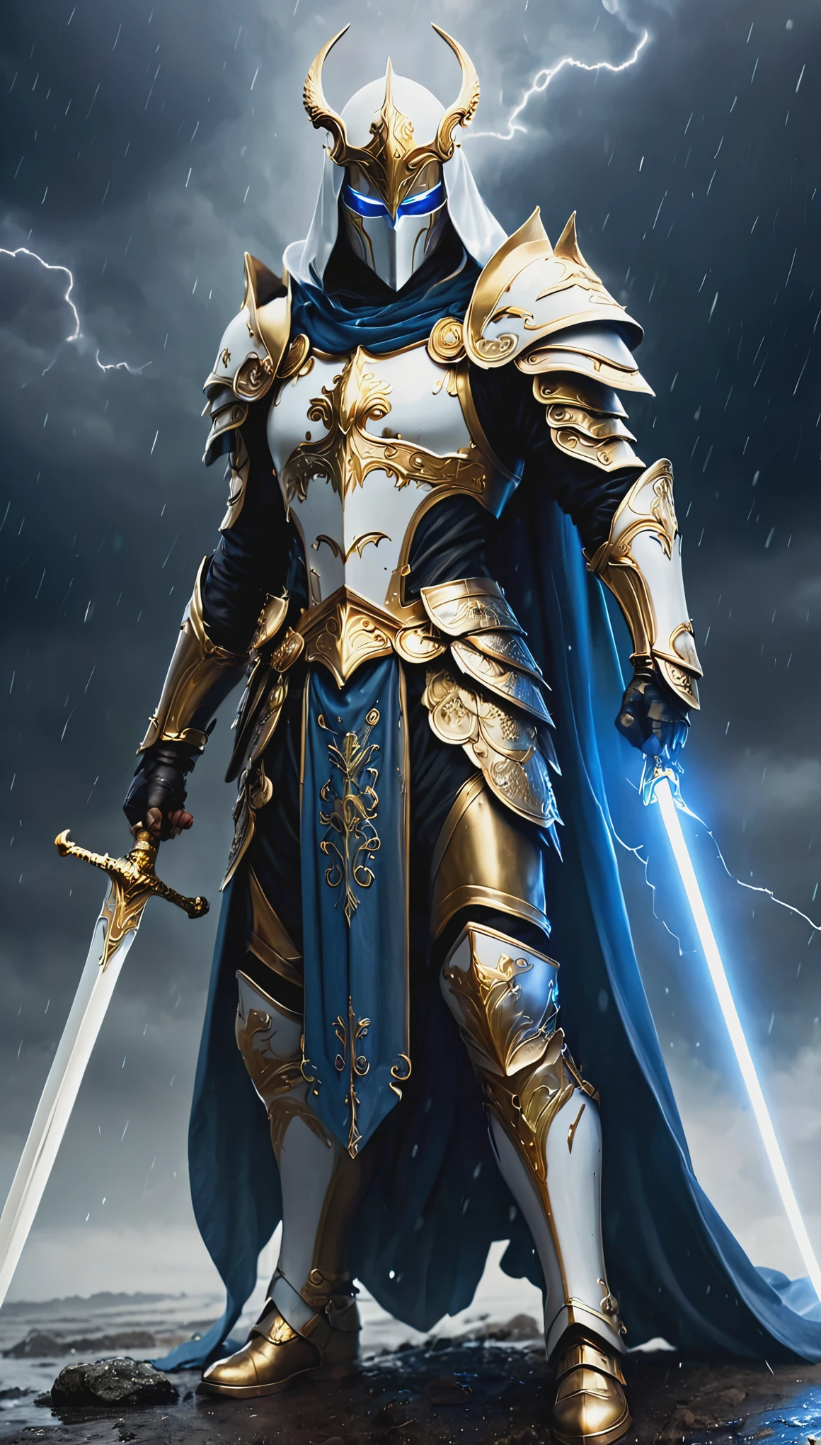 A stunning, highly detailed dark fantasy full body illustration of a proud angelical warrior wearing intricate medieval white HKStyle armor and an epic white ornamented mask, holding a great golden glowing sword, golden and blue glooming eyes, very wide shoulders, wearing big gauntlets, epic composition. The warrior stands heroic with a flowing cloak and white hood during a storm with foggy gloom, thunderclouds in the background . The scene depicts him with brooding emotional agony , style by Greg Rutkowski, by Milo Manara and Russ Mills, with insanely intricate details and textures, gloomy dramatic lighting, 8K resolution