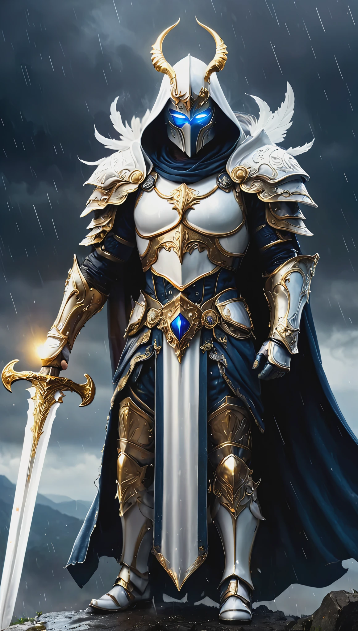 A stunning, highly detailed dark fantasy full body illustration of a proud angelical warrior wearing intricate medieval white armor and an epic white ornamented mask, holding a great golden glowing sword, golden and blue glooming eyes, very wide shoulders, wearing big gauntlets, epic composition. The warrior stands heroic with a flowing cloak and white hood during a storm with foggy gloom, thunderclouds in the background . The scene depicts him with brooding emotional agony , style by Greg Rutkowski, by Milo Manara and Russ Mills, with insanely intricate details and textures, gloomy dramatic lighting, 8K resolution