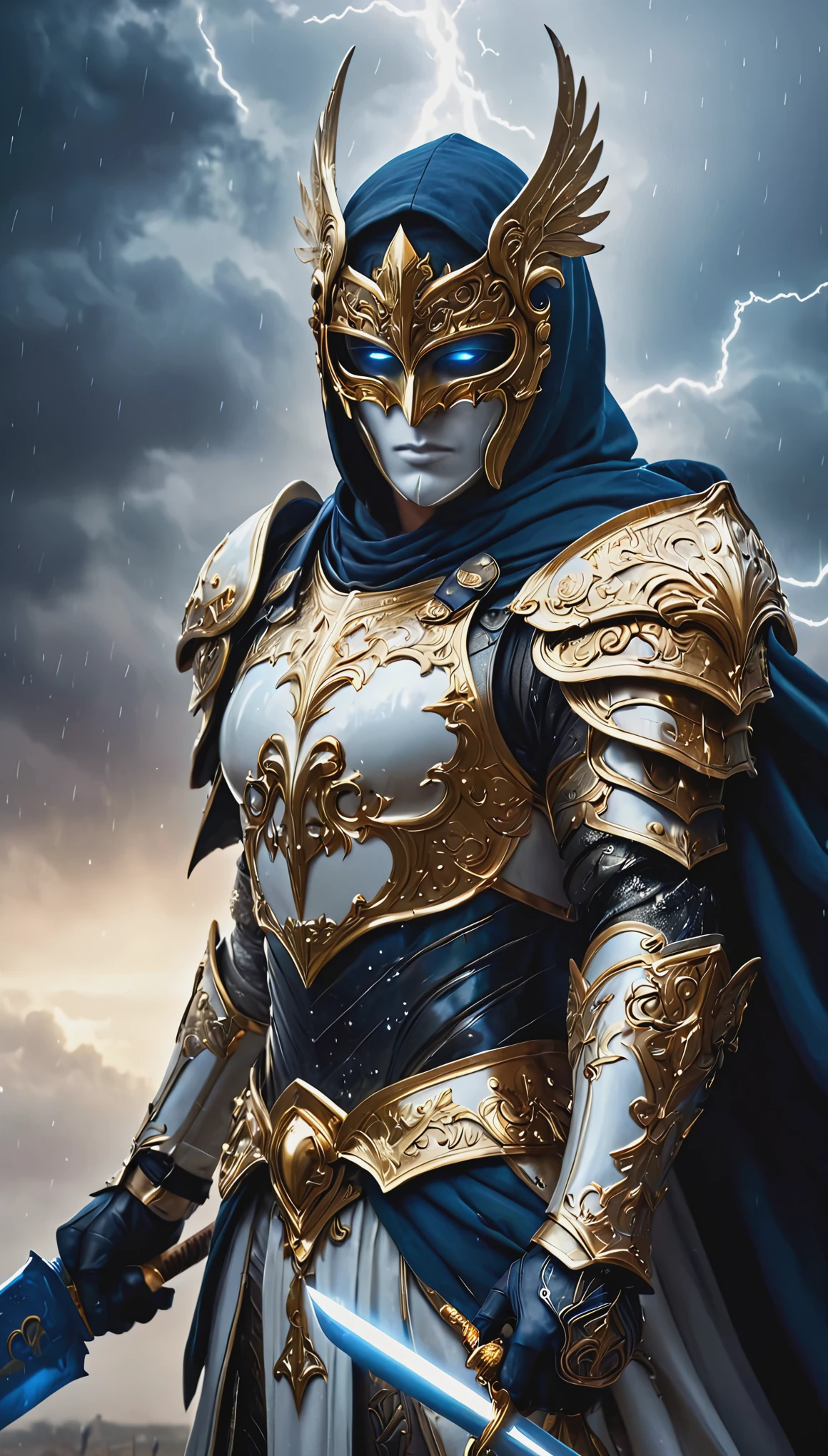 A stunning, highly detailed dark fantasy full body illustration of a proud angelical warrior wearing intricate medieval white armor and an epic white ornamented mask, holding a great golden glowing sword, golden and blue glooming eyes, very wide shoulders, wearing big gauntlets, epic composition. The warrior stands heroic with a flowing cloak and white hood during a storm with foggy gloom, thunderclouds in the background . The scene depicts him with brooding emotional agony , style by Greg Rutkowski, by Milo Manara and Russ Mills, with insanely intricate details and textures, gloomy dramatic lighting, 8K resolution