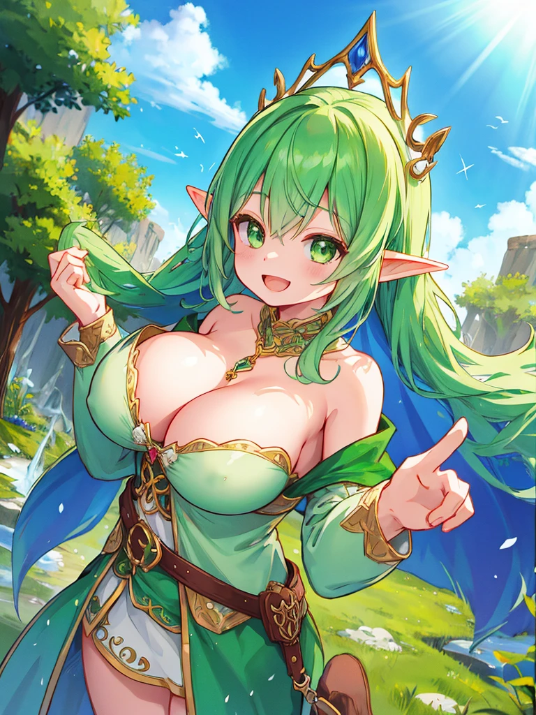 Girl、Fantasy World、Elf Ears、Fairy clothes、Green Eyes、Open Mouth Smile、Off the shoulder、Open-chested clothing、Big Breasts