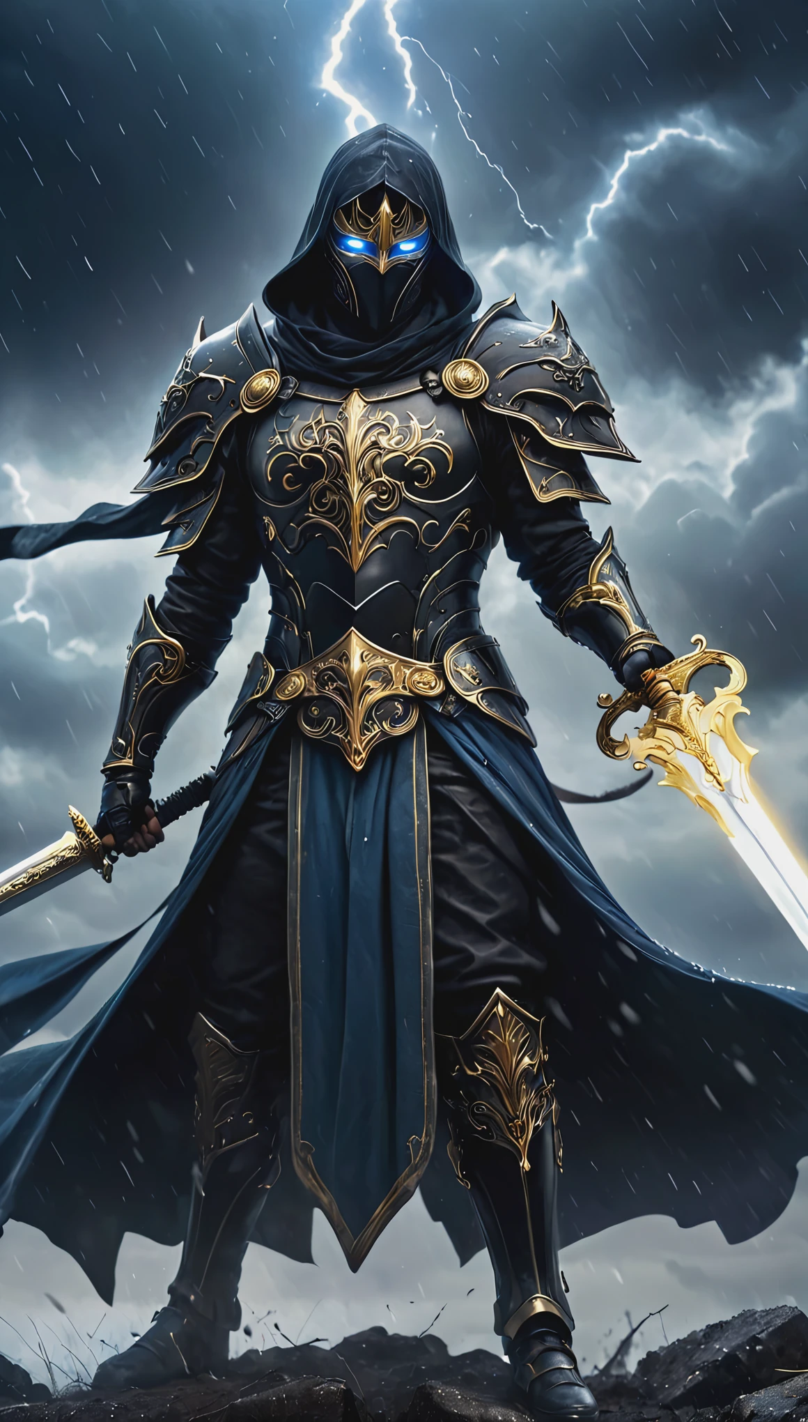 A stunning, highly detailed dark fantasy full body illustration of a proud angelical warrior wearing intricate medieval black of black armor and an epic white ornamented mask, holding a great golden glowing sword, golden and blue glooming eyes, very wide shoulders, wearing big gauntlets, epic composition. The warrior stands heroic with a flowing cloak and white hood during a storm with foggy gloom, thunderclouds in the background . The scene depicts him with brooding emotional agony , style by Greg Rutkowski, by Milo Manara and Russ Mills, with insanely intricate details and textures, gloomy dramatic lighting, 8K resolution