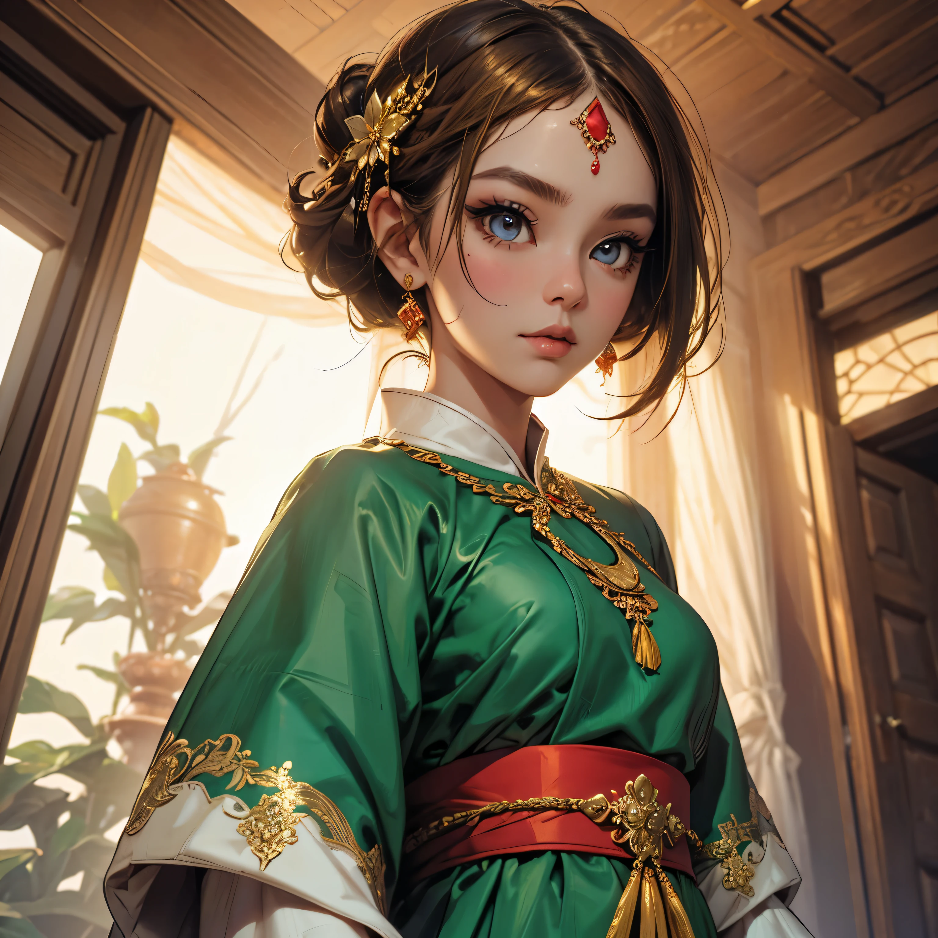 (masterpiece, best quality), 1girl,burmese dress, upper body, makeup, hair ornament,goldenhair,