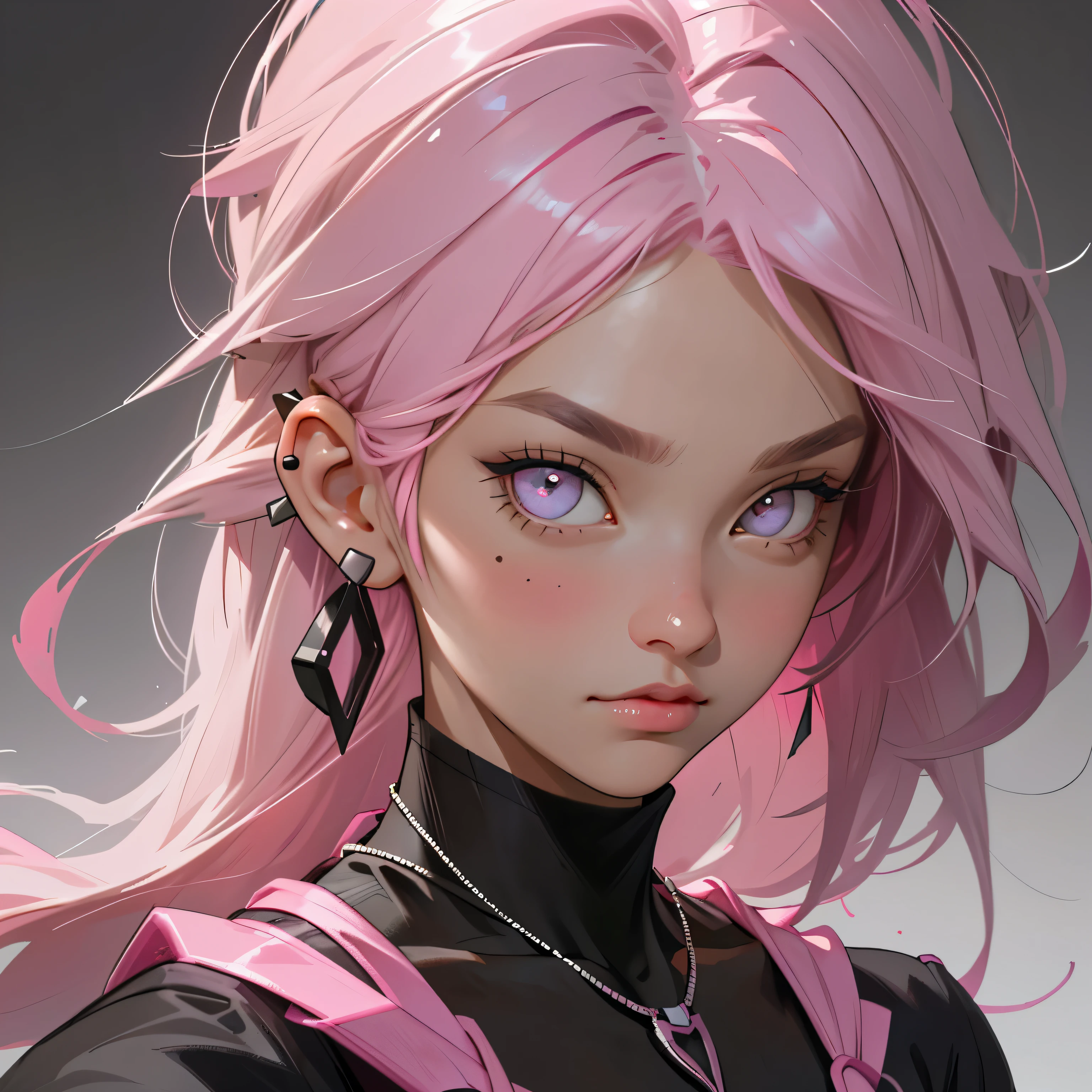 (best quality,realistic),portrait,girl,selfie,black to pink gradient hair,black short sleeves,necklace,ear studs,delicate eyes,deep pupils,masterpiece