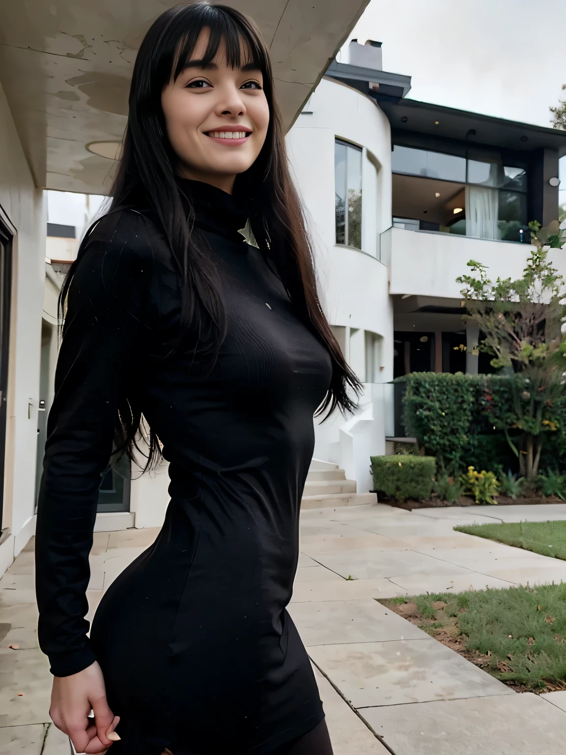 Smiling Bettie Page with black long hair with bangs wearing a Black turtleneck dress with a big modern mansion in a neighborhood in Bel-Air background on a foggy day