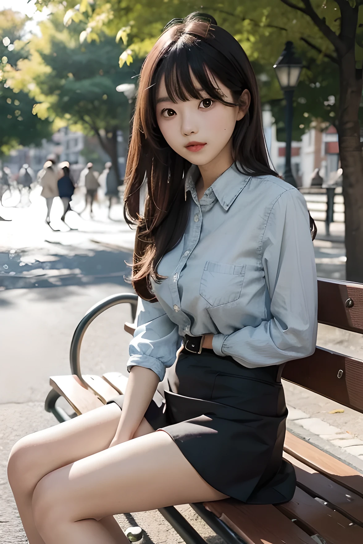 Cute girl in a miniskirt sitting on a bench in the park