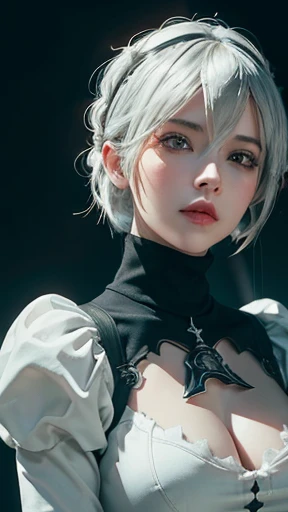 (Hyper realistic super detailed, masterpiece:2.0, top quality, best quality:2.0, official art, beautiful and aesthetic:1.9, ), ultra high res,(photorealistic:2.0), extreme detailed,colorful,highest detailed, official art, unity 8k wallpaper, ultra detailed, 1girl, (magic cirlce:1.2), Detailed face:1.8, breasts, cleavage, cleavage cutout, dress cutout, ((green background)), hair between eyes, headband, high resolution, juliet sleeves, long sleeves, nier (series), (nier automata, 2b), fluffy sleeves, red lips, shadow face, short hair, solo, beautiful, masterpiece, best quality, turtleneck sweater, upper body, l blue hair, sky, white fox ears, white fox tail, nine-tailed fox, cinematic lighting