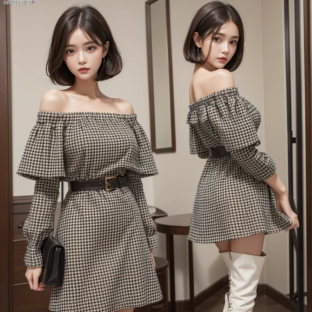 1girl、Standing in front of the viewer、Masterpiece、Official Art、high waist、Brown and dark brown houndstooth off-the-shoulder A-line dress、Dark piping、Super detailed、super beautiful、white straight short hair、Baby Face、Knee-high boots、