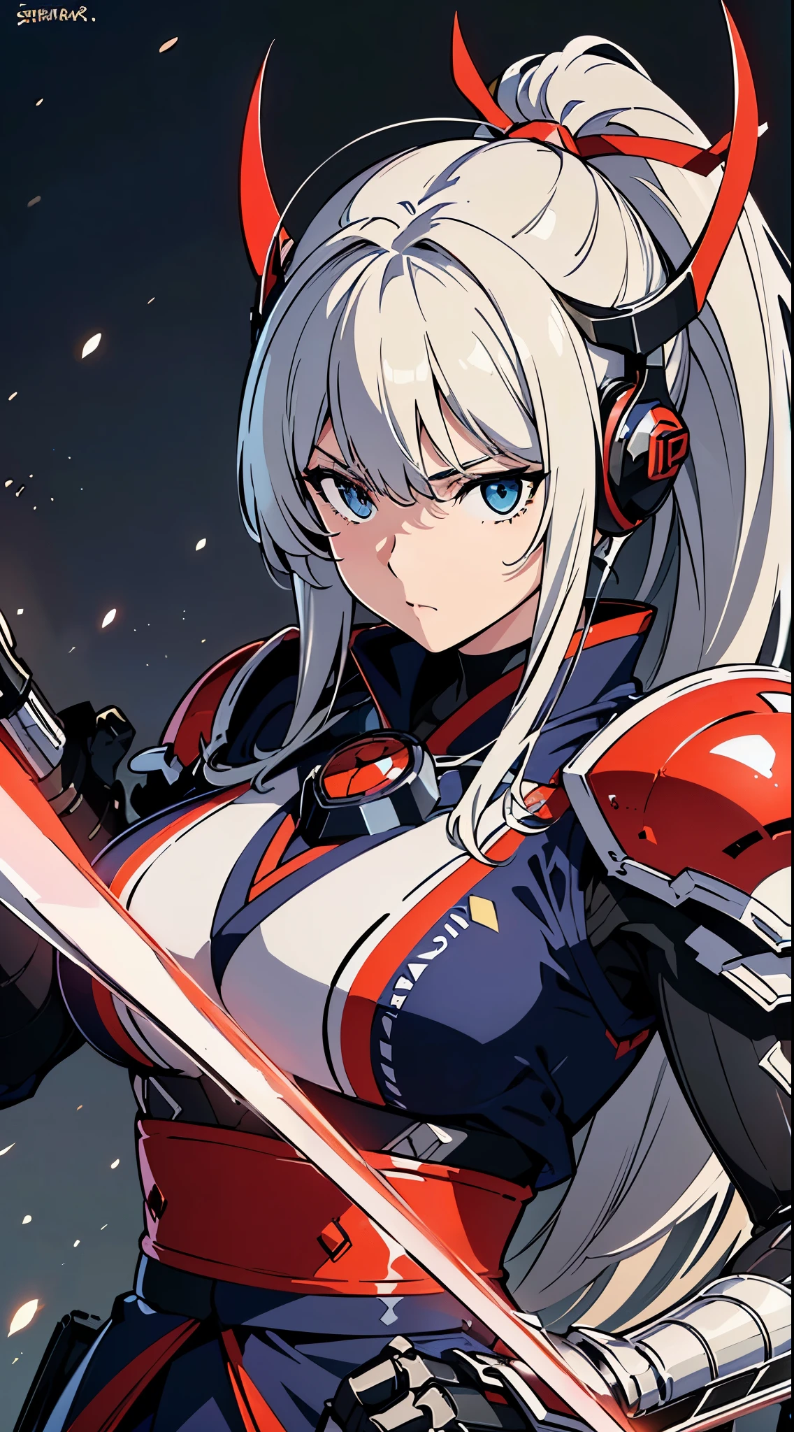 (Dynamic pose:1.3)、(Cyber Headphones:1.3)、Beautiful woman,(((head shot:1.5)))、(((samurai kimono)))、 (((Mechanical Samurai、Machinery Armor))), ((Perfect figure, Beautiful Face, Beautiful Face, Ponytail Hairstyles, Beautiful Skin, Very detailed髪, Finer details)), (Perfect android woman)、(Android Armor:1.2)、(((Cinema Lighting, Beautiful lighting effects, Creative Design, Full Body Frame, Divine Aura, hard Harmony , Perfect color change, Perfect contrast balance, Perfect color layers, Perfectly smooth color bleeding, Soft Rendering, smooth color strokes, Optical Lenses, Soft colors, Smooth color blending, Perfect color expression, Harmony, perfect color Harmony, Beautiful colors, soft Harmony, Particles of light, Perfect detail, Intricate details, color prism, Finer details, Finer details))), super high quality, Very detailed,Perfect drawing,alone, beautiful girl, masterpiece, (mecha musume), Machinery Armor, headgear, Mechanical Wing, brandishing a sword、Samurai with a huge gun, Black ponytail, Her hair is tied with a big red ribbon, Equipped with two Japanese swords ((extra large cool samurai_Sword in hand, Huge and cool weapon machine)), Open Stance, Action pose,purgatory , ((highest quality))),8k,((masterpiece)),(Very sophisticated and beautiful)