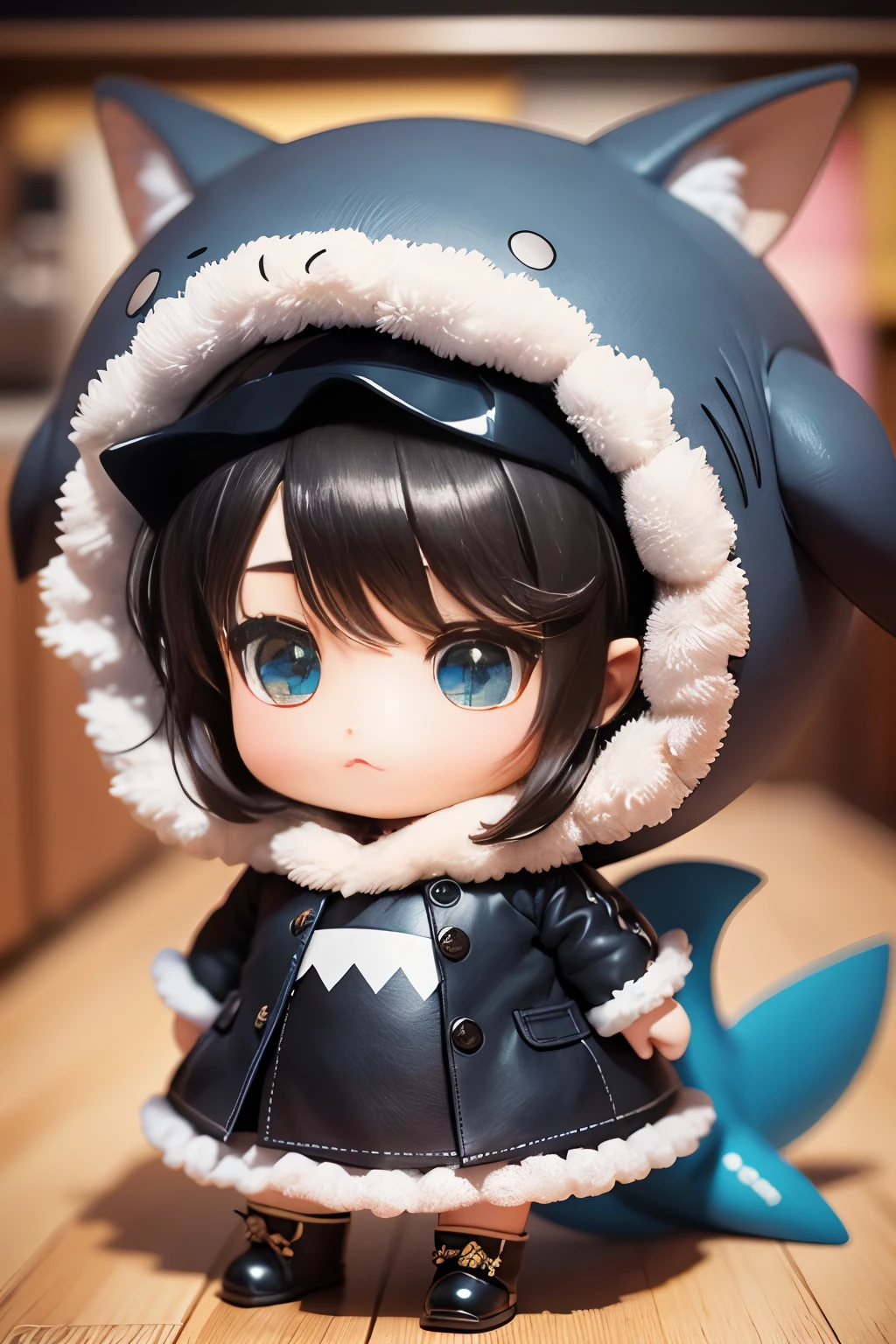 hightquality,Masterpiece, Chibi, nendoroid, Mega Mini, Shark hat, Shark hats have no ears, No ears, Shark tail, Shark costume, A dark-haired, Hairstyle Bob,
