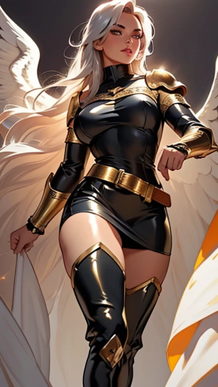 Best quality, 8K,woman vintage super hero, beautiful and detailed face, straight long hair,gold helmet, big eyelashes,big angel´s wings,LOOKING TO observer,gold and silver metalic armour over bodystocking, SHINY GLOSSY PANTYHOSE,armlets,black belt,over the knee boots,white neutral scenario