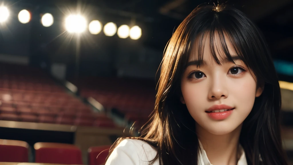 (Realistic: 1.4), (highest quality: 1.4), (Fine grain), Full body shot, ((Blur the background)), ((Watching the audience)), ((1 female college student)), Black Hair, ((Plain clothes with little exposure)), Wide eyes, Blushed face, ((smile)), ((Outdoor)), Highly detailed face and skin texture, Healthy Skin, 8k resolution