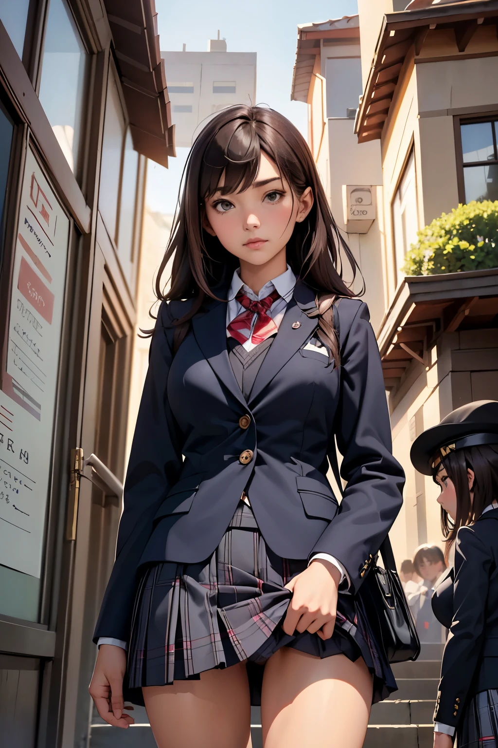 ((highest quality)), ((masterpiece)), (be familiar with), (Two high school girls standing side by side)、brown hair、Navy blazer、Grey plaid skirt、navy blue socks、School bag、Back view、covert photography、Holding the skirt with your hands、(View from directly below)、navy blue socksのクローズアップ、mangaコマ割り、Manga style、manga、Grand staircase in downtown、(2crotch peek:1.4)