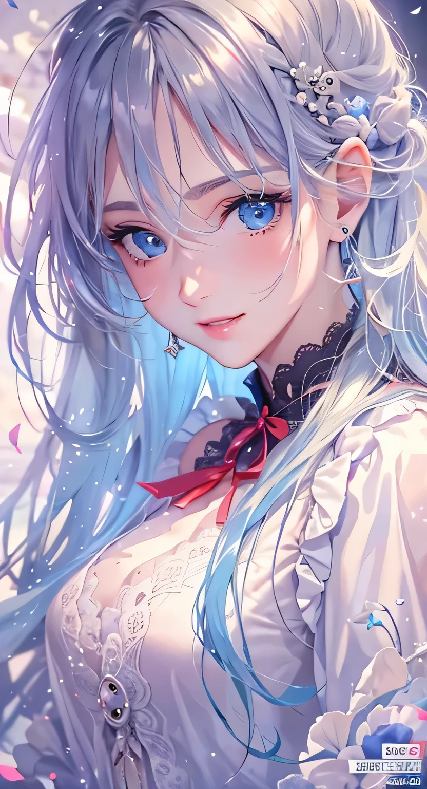 ((highest quality)), ((masterpiece)), (Get used to it), Perfect Face , masterpiece、highest quality、High resolution、High-quality images、8k, 1 female、Skin Radiance、Texture of skin and clothing、Expression of fine eyes、shiny silver hair,Girl with long braided hair, Manga inspired by Lee Jong-suk, Trending on deviantart, realism, detailed manga style, Manga art style, Perfect Line Drawing, Beautiful line art, digital manga art girl, K-POPアイドル, beautiful light blue eyes, Lips become thicker, Gorgeous face with attention to detail, (Cute Smile), charm, Innocent, Side view, (Perfectly detailed face), (Beautiful Hands) Photorealistic images, Written boundary depth, 20th Generation ,beautiful girl , Light blue rose , Lace dress , Medium Chest , protruding shoulders , I can see her cleavage , Light blue rose , There are many light blue roses in the background ,