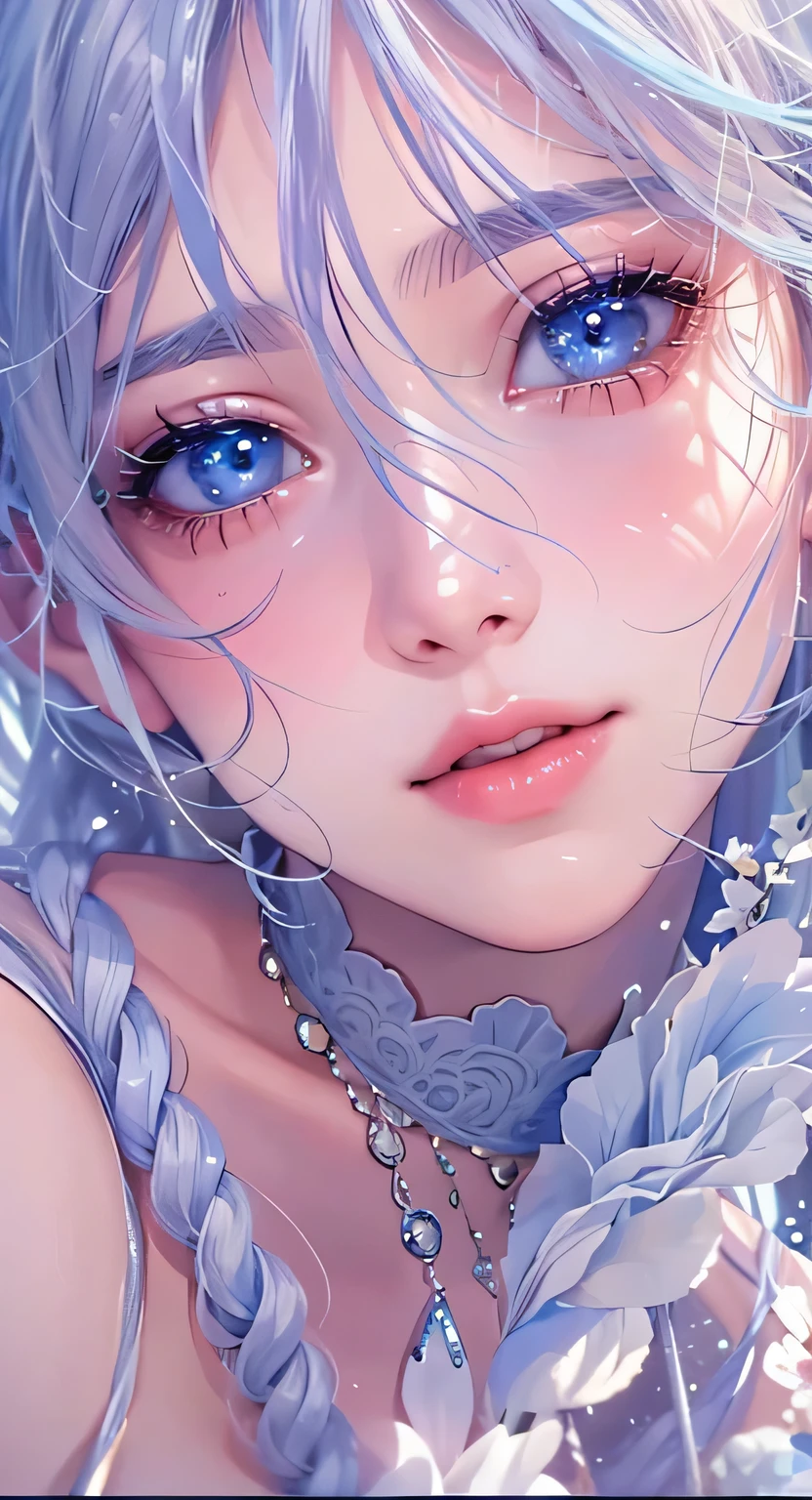 ((highest quality)), ((masterpiece)), (Get used to it), Perfect Face , masterpiece、highest quality、High resolution、High-quality images、8k, 1 female、Skin Radiance、Texture of skin and clothing、Expression of fine eyes、shiny silver hair,Girl with long braided hair, Manga inspired by Lee Jong-suk, Trending on deviantart, realism, detailed manga style, Manga art style, Perfect Line Drawing, Beautiful line art, digital manga art girl, K-POPアイドル, beautiful light blue eyes, Lips become thicker, Gorgeous face with attention to detail, (Cute Smile), charm, Innocent, Side view, (Perfectly detailed face), (Beautiful Hands) Photorealistic images, Written boundary depth, 20th Generation ,beautiful girl , Light blue rose , Lace dress , Medium Chest , protruding shoulders , I can see her cleavage , Light blue rose , There are many light blue roses in the background ,