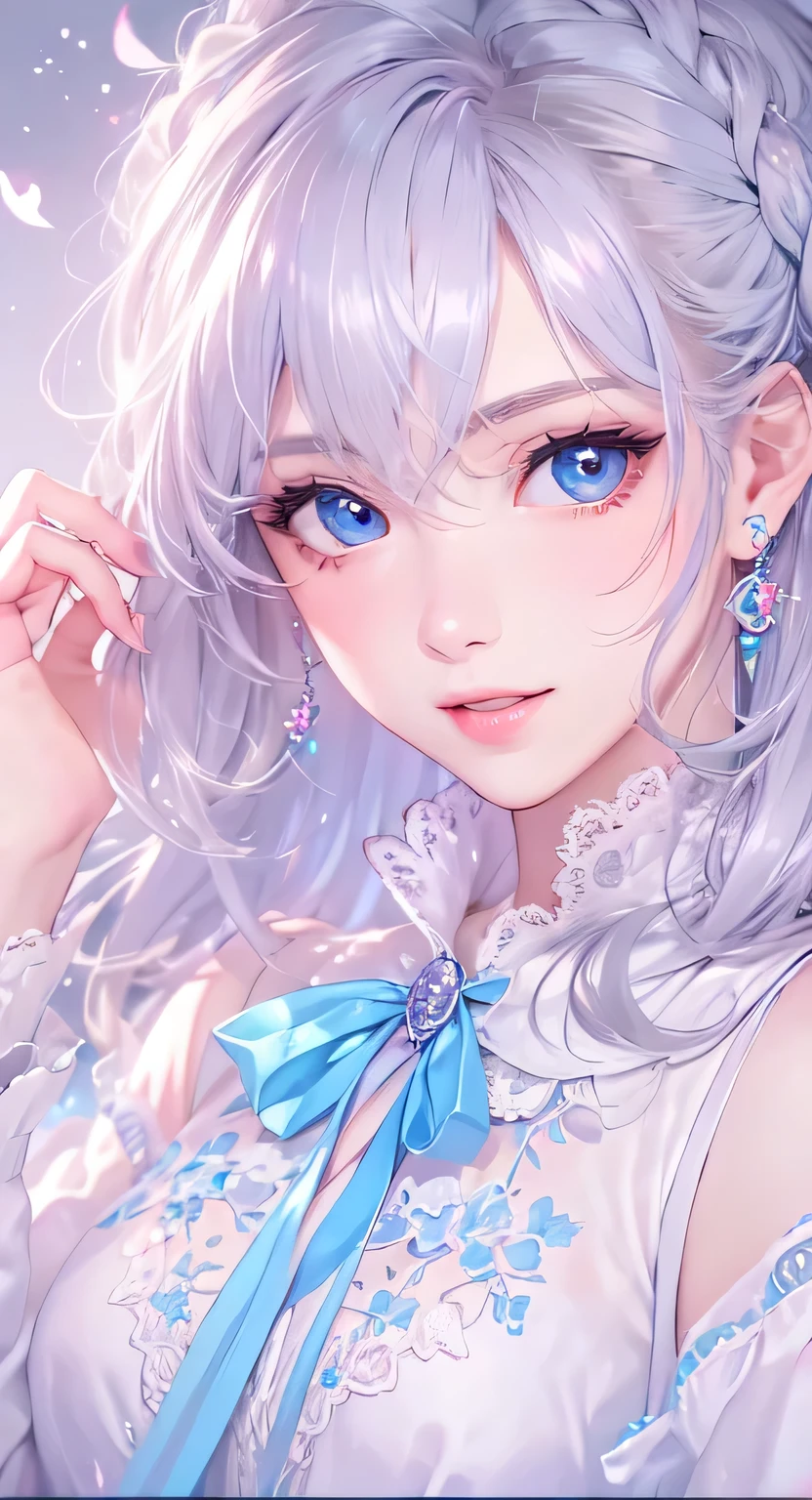 ((highest quality)), ((masterpiece)), (Get used to it), Perfect Face , masterpiece、highest quality、High resolution、High-quality images、8k, 1 female、Skin Radiance、Texture of skin and clothing、Expression of fine eyes、shiny silver hair,Girl with long braided hair, Manga inspired by Lee Jong-suk, Trending on deviantart, realism, detailed manga style, Manga art style, Perfect Line Drawing, Beautiful line art, digital manga art girl, K-POPアイドル, beautiful light blue eyes, Lips become thicker, Gorgeous face with attention to detail, (Cute Smile), charm, Innocent, Side view, (Perfectly detailed face), (Beautiful Hands) Photorealistic images, Written boundary depth, 20th Generation ,beautiful girl , Light blue rose , Lace dress , Medium Chest , protruding shoulders , I can see her cleavage , Light blue rose , There are many light blue roses in the background ,