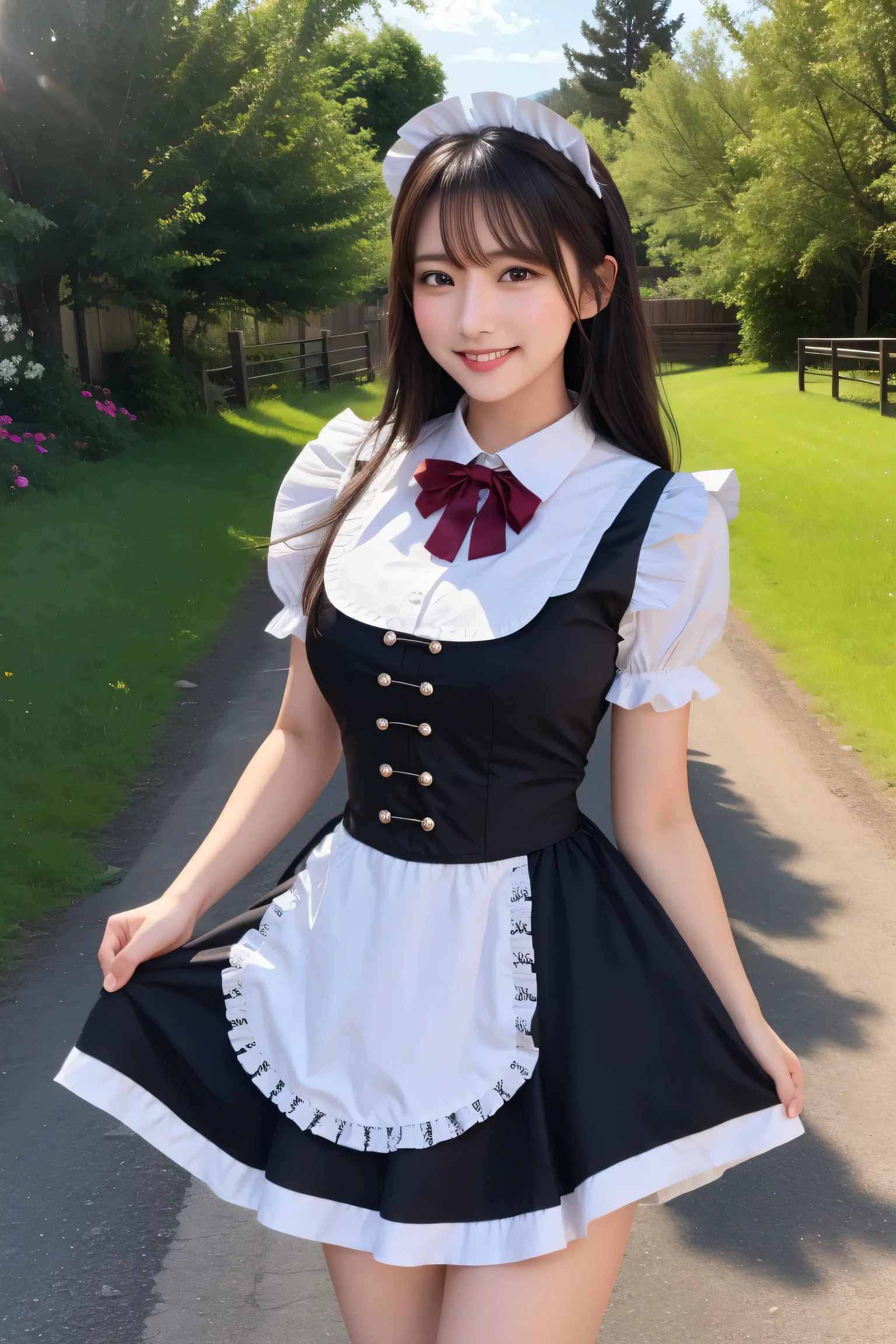 Very cute beautiful girl, smile, dark hair, dynamic pose, beautiful legs, cowboy shot, brown floral Lolita dress, flower field, cobblestone road, trees in distance, fine detail, high resolution, solo, cinematic lighting,((Maid:1.3))