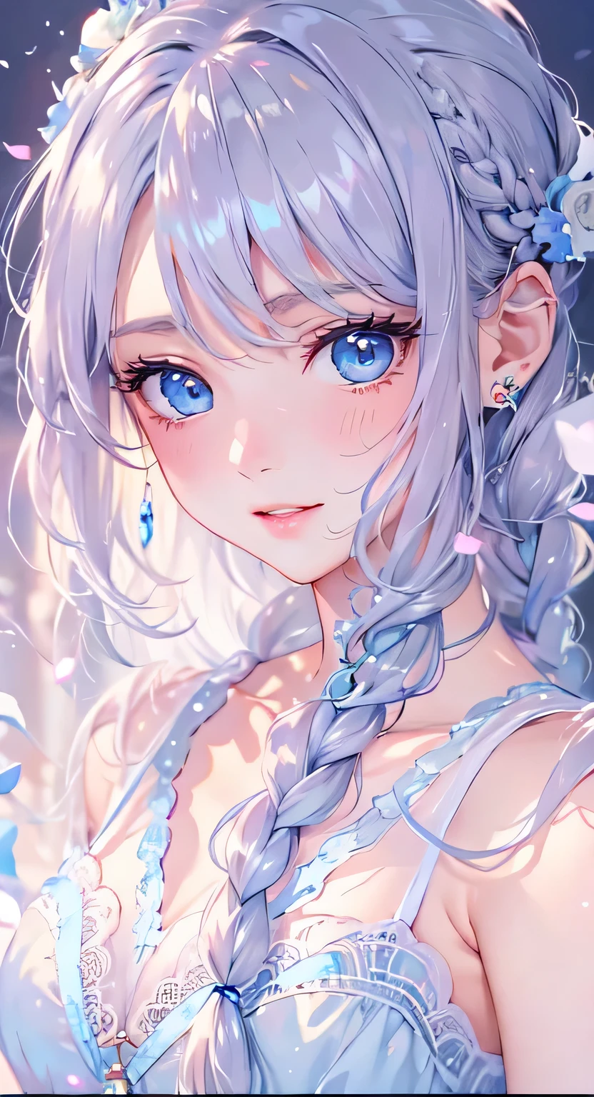 ((highest quality)), ((masterpiece)), (Get used to it), Perfect Face , masterpiece、highest quality、High resolution、High-quality images、8k, 1 female、Skin Radiance、Texture of skin and clothing、Expression of fine eyes、shiny silver hair,Girl with long braided hair, Manga inspired by Lee Jong-suk, Trending on deviantart, realism, detailed manga style, Manga art style, Perfect Line Drawing, Beautiful line art, digital manga art girl, K-POPアイドル, beautiful light blue eyes, Lips become thicker, Gorgeous face with attention to detail, (Cute Smile), charm, Innocent, Side view, (Perfectly detailed face), (Beautiful Hands) Photorealistic images, Written boundary depth, 20th Generation ,beautiful girl , Light blue rose , Lace dress , Medium Chest , protruding shoulders , I can see her cleavage , Light blue rose , There are many light blue roses in the background ,