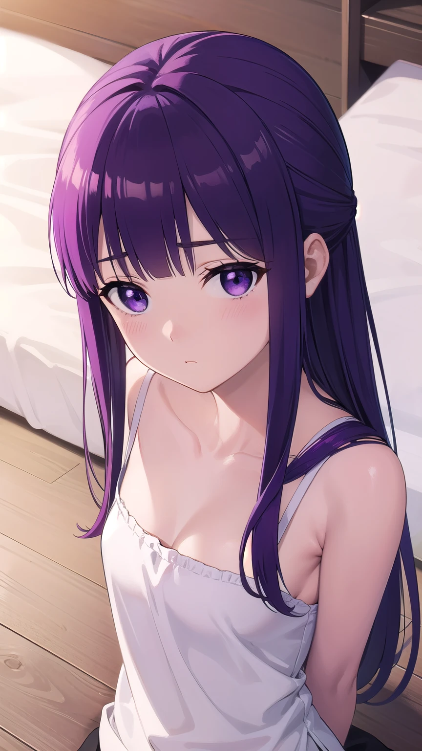 fern, fern, long hair, bangs, (purple eyes:1.1), purple hair, sidelocks, blunt bangs,
BREAK
BREAK looking at viewer,from above,arms behind back
BREAK (masterpiece:1.2), best quality, high resolution, unity 8k wallpaper, (beautiful detailed eyes), extremely detailed face, perfect lighting, (perfect hands, perfect anatomy), blush, bed, (wariza:1.4),upper body, night,blush