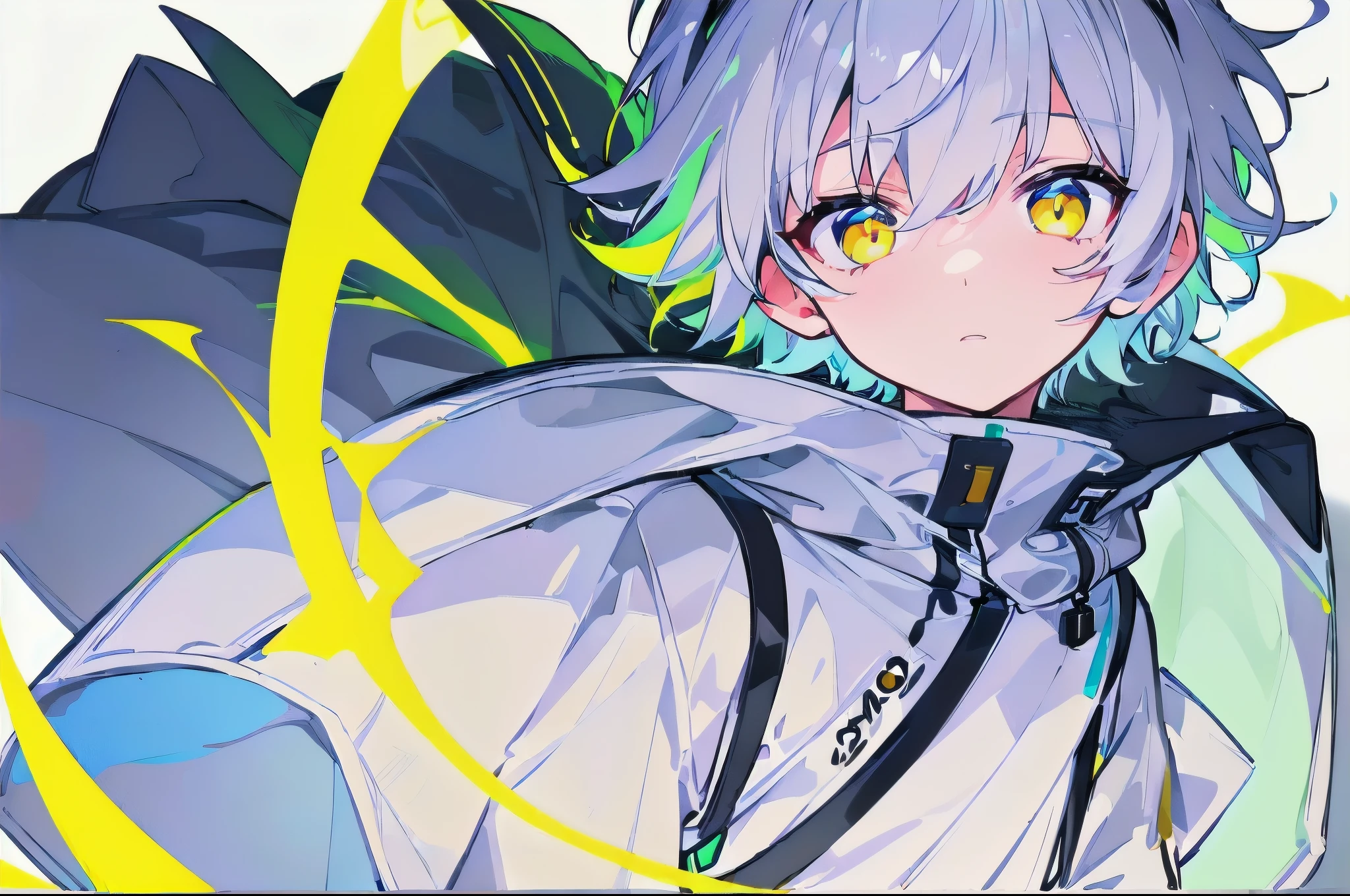 [(WHITE BACKGROUND:1.5),::5], ((((masterpiece)))), high quality, ultra_very_high_resolution, large_filesize, full color, (((solo))), (()), ((((white color short hair)))), yellow eyes, anime, upper body, neon light, black parka,