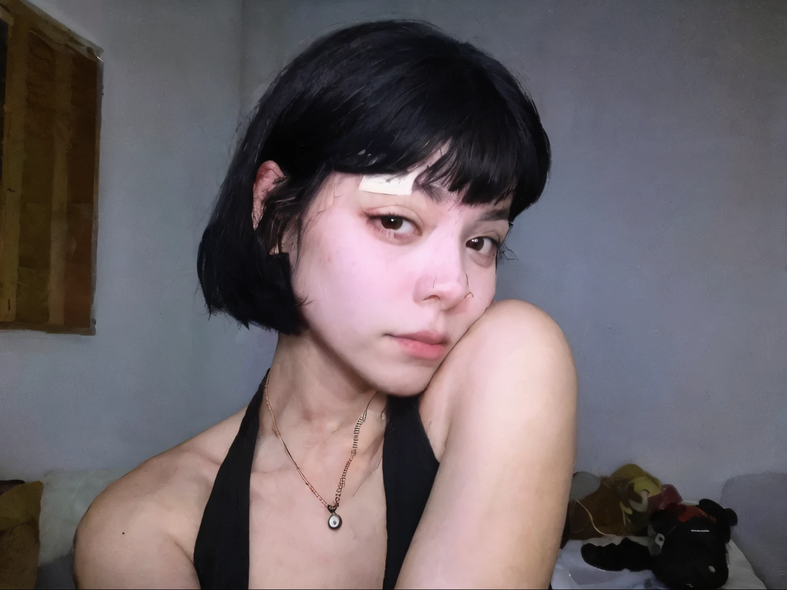 there is a woman, cabelo preto com franja, ela tem cabelo preto com franja, Franja preta, French bob, cabelo preto e franja branca, cabelo preto curto com franja, com cabelo curto with bangs, French bob hair, cabelo cortado bob preto, com cabelo curto, cabelo bob preto, corte de cabelo preto hime, 🤤 retrato de , com um curativo branco na sobrancelha e piercing no nariz